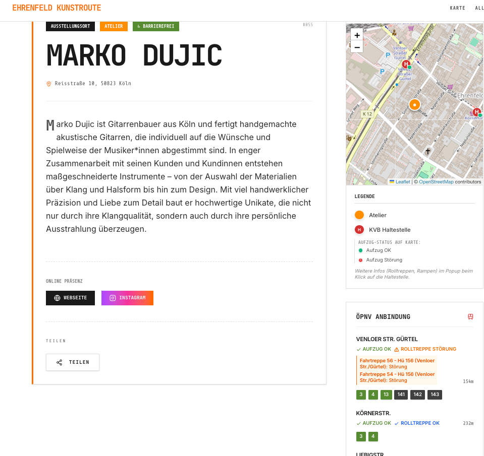 Vorschau einer Atelierseite der Ehrenfeld Kunstroute mit integrierter Anfahrtsbeschreibung und Live-Status der nächstgelegenen KVB-Stationen.