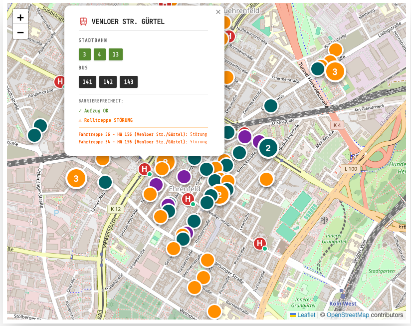 Interaktive Karte der Ehrenfeld Kunstroute: Ein Popup zeigt den aktuellen Barrierefreiheits-Status (Fahrstuhl/Rolltreppe) einer KVB-Haltestelle in Echtzeit.