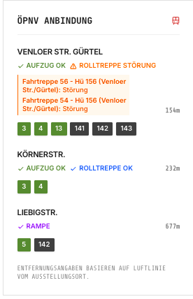 Detailansicht der KVB-Anbindung: Eine Liste der umliegenden Haltestellen mit Distanzangaben und individuellem Status für Aufzüge und Fahrtreppen.