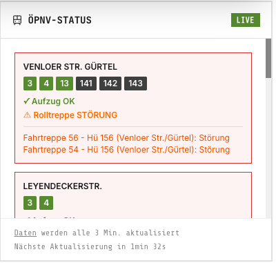 Das ÖPNV-Status-Widget auf ehrenfeld-kunstroute.org zeigt für jede Haltestelle übersichtlich an, ob Aufzüge und Rolltreppen betriebsbereit sind.